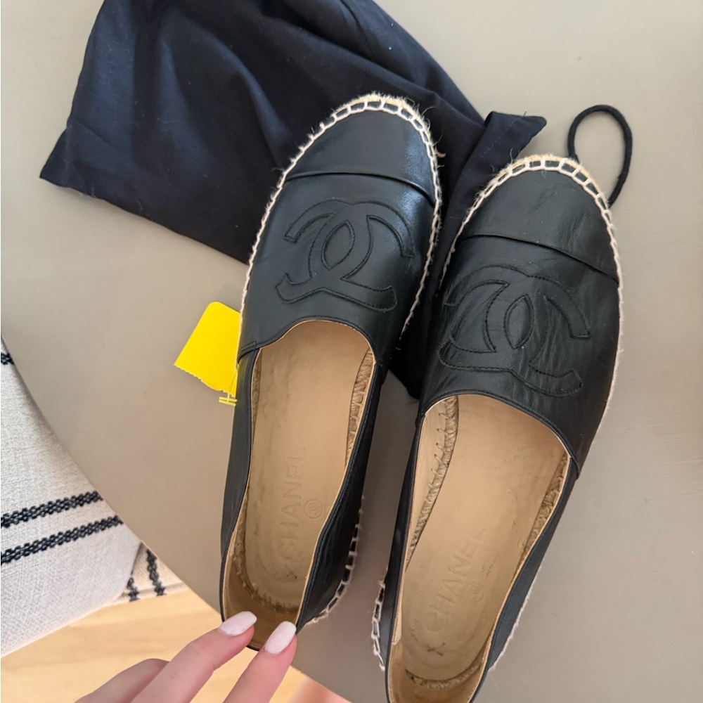 CHANEL Black Leather Espadrilles